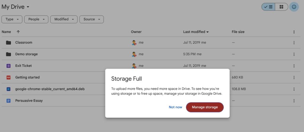 Screenshot of a Google drive account with a message that says storage is full. 