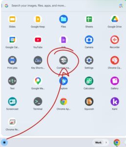 Screenshot of a Chromebook app drawer with the content transfer app circled in red
