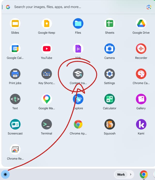 Screenshot of a Chromebook app drawer with the content transfer app circled in red