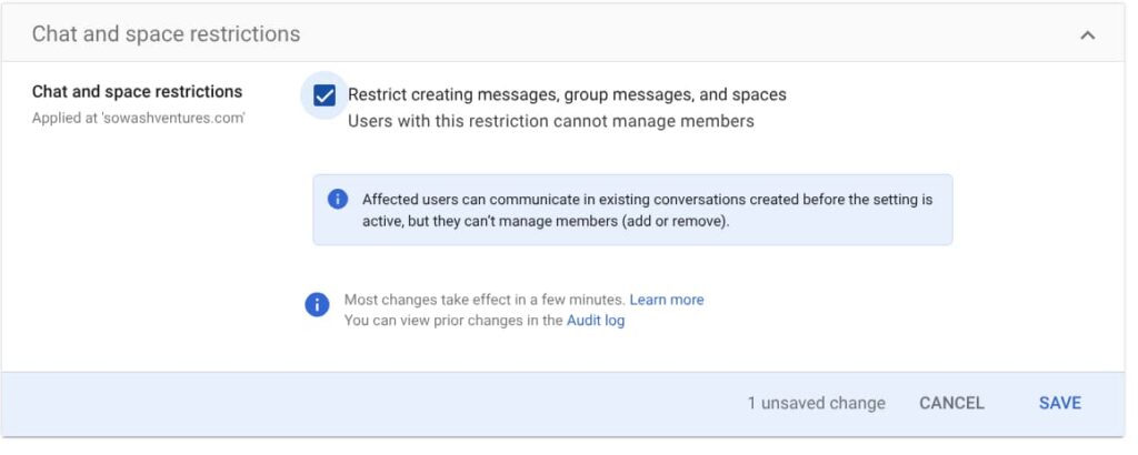 screenshot of the Google admin console policy that restricts the ability to create a new chat thread. 