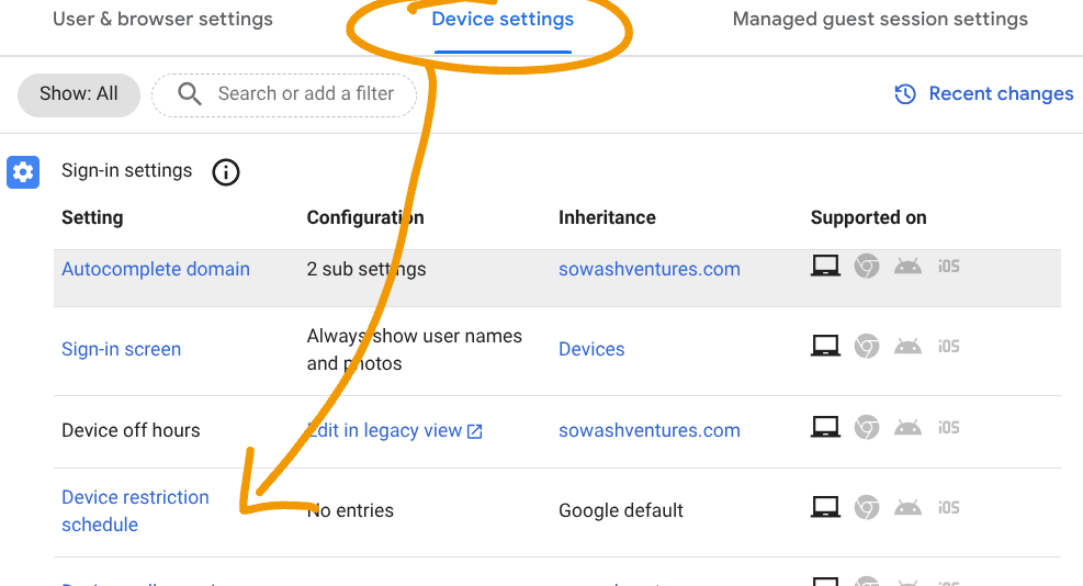 Screenshot: Device restriction schedule