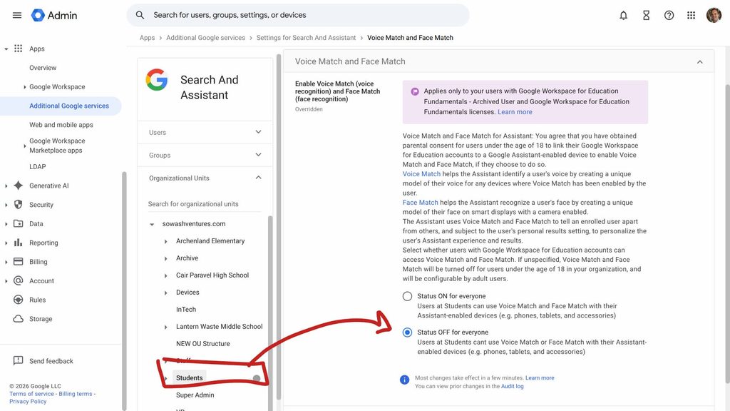 Disable voice match from the admin console